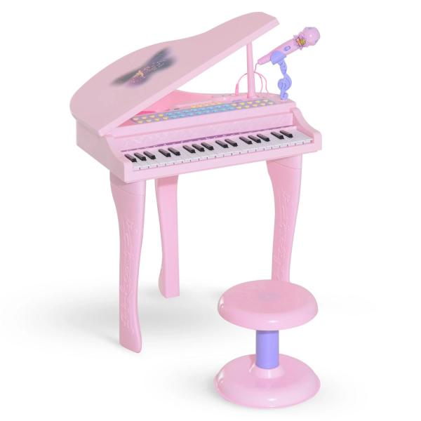 Piano para Crianças com 37 Teclas Microfone Banco Luzes 22 Músicas e Entrada para MP3 e USB 48x39x69 cm Rosa