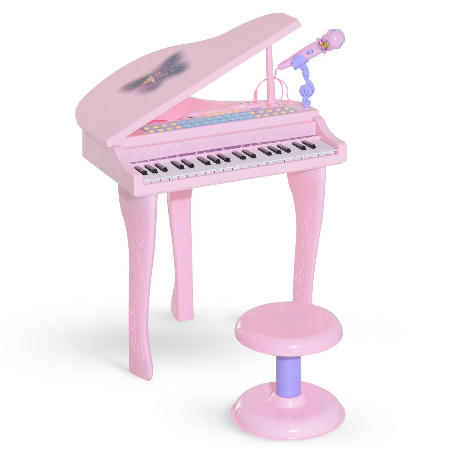 Piano para Crianças com 37 Teclas Microfone Banco Luzes 22 Músicas e Entrada para MP3 e USB 48x39x69 cm Rosa