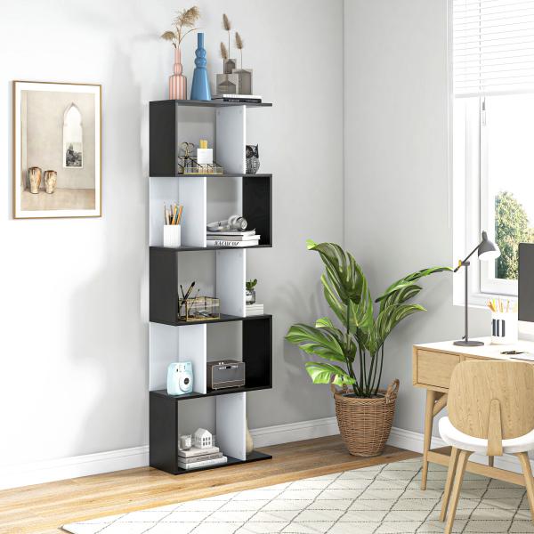 Estante para Livros Estante Alta de Parede com 5 Níveis em Forma de S Desenho Moderno 60x24x184,5 cm Branco e Preto