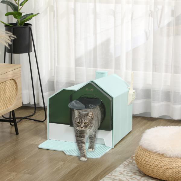 Caixa de Areia Fechada para Gatos com Bandeja Amovível Pá e Filtro Desodorizante 47x45x42 cm Azul Claro