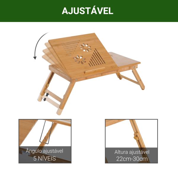 Mesa de Computador Portátil Bambu Dobrável Reclinado Altura ajustável Suporte Mesa de volta 1 Gaveta 55x35x22 - 30cm
