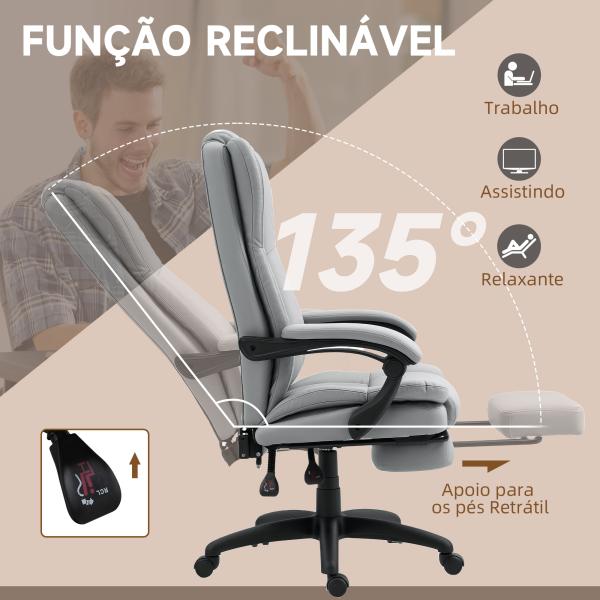 Cadeira de Escritório com Altura Ajustável 6 Pontos de Massagem e Apoio para os Pés Retrátil 68,5x68,5x113 - 121 cm Cinza