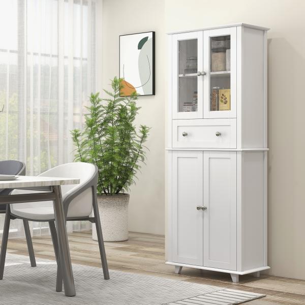 Armário de Cozinha Móvel Auxiliar de Cozinha com 2 Portas de Vidro Gaveta e Prateleiras Ajustáveis 61x35x168,5 cm Branco