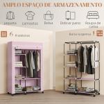 Roupeiro de Tecido Dobrável com 6 Prateleiras 1 Barra de Pendurar e Rodas para Dormitório Vestidor 103x43x162,5 cm Rosa
