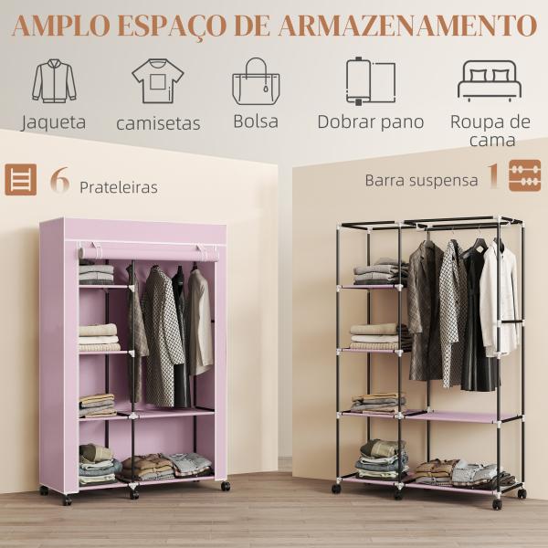 Roupeiro de Tecido Dobrável com 6 Prateleiras 1 Barra de Pendurar e Rodas para Dormitório Vestidor 103x43x162,5 cm Rosa