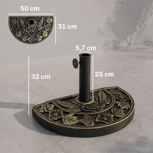 Base para Chapéu de Sol de Resina em Forma Semicircular para Mastros de Ø3,8 cm e Ø4,8 cm Peso 9 kg 50x31x32 cm Bronze
