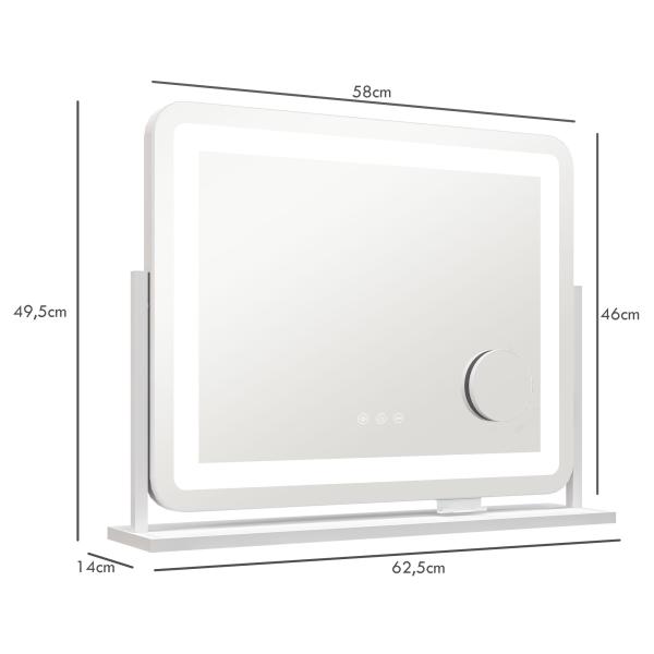 Espelho de Maquilhagem com Luzes 3 Modos de Iluminação Suporte para Telemóvel e Entrada USB 62,5x14x49,5 cm Branco
