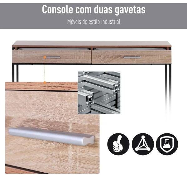 Mesa Tipo Consola de Estilo Industrial com 2 Gavetas e Prateleira Inferior 120x30x81,5cm Carvalho e Preto