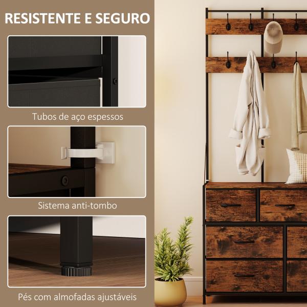 Suporte para Cabides Móvel de Arrumação com Sapateira 14 Ganchos 7 Gavetas de Tecido e Prateleira 100x30x183 cm Castanho Rústico