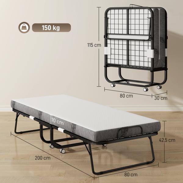 Cama Dobrável 200x75x42,5 cm Cama de Campismo Portátil com Colchão Individual Rodas e Freios Carga Máxima 150 kg para Dormitórios Branco