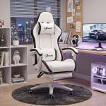 Cadeira Gaming de Couro PU com Altura Ajustável Reclinável 135° e Apoio para os Pés Retrátil 65x65x121 - 129 cm Branco e Preto