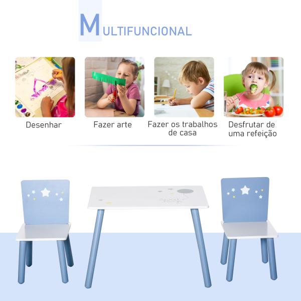 Conjunto de Mesa Infantil e 2 Cadeiras de Madeira Mesa com Cadeiras para Crianças de 2 - 4 Anos Branco e Azul