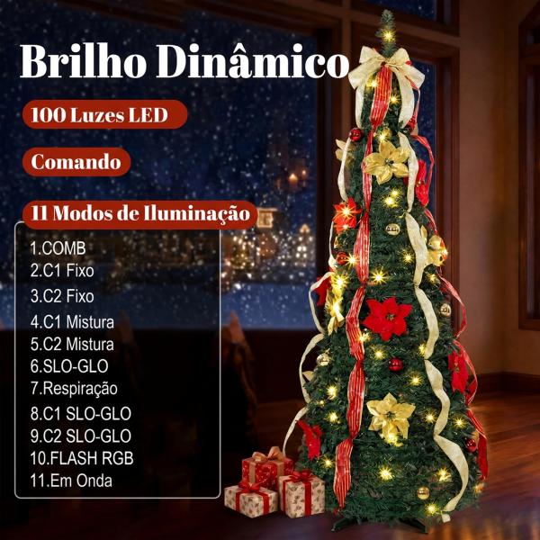 Árvore de Natal Desdobrável 180 cm com 100 Luzes LED, 11 Modos, Comando à Distância e Decoração Incluída, Verde