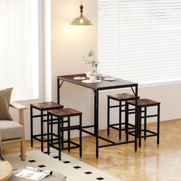 Conjunto de Mesa de Bar com 4 Bancos com Apoio para os Pés Mesa de 100x60x88cm e Bancos de 32x32x57cm Preto e Nogueira