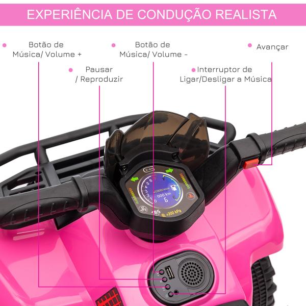Quadriciclo Elétrico para Crianças Veículo Elétrico a Bateria 6V Infantil com Velocidade 2km/h 70x42x45 cm Rosa