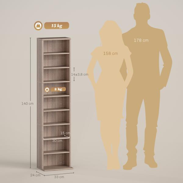 Estante para CDs e DVDs Suportes para CD Estreitos com 9 Compartimentos Prateleiras Ajustáveis 33x24x140 cm Madeira