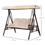 Banco Baloiço de Jardim de 3 Lugares com Teto 2 Almofadas Suporte para Bebidas e Estrutura de Metal para Terraço Balcão Exterior Carga Máxima 360kg 207x120,5x174cm Bege
