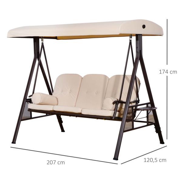 Banco Baloiço de Jardim de 3 Lugares com Teto 2 Almofadas Suporte para Bebidas e Estrutura de Metal para Terraço Balcão Exterior Carga Máxima 360kg 207x120,5x174cm Bege