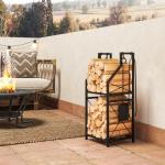 Suporte Metálico para Lenha 2 Níveis com 4 Ferramentas Ganchos e Base Elevada para Interior e Exterior 34x30x80 cm Preto