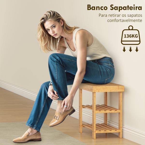 Banco Sapateira de Bambu Organizador de Sapatos com 2 Prateleiras para 4 Pares de Sapatos 50x28x45 cm Madeira
