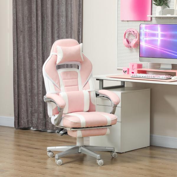 Cadeira Gaming Cadeira de Escritório Reclinável Apoio para os Pés Retrátil Suporte Lombar e Almofada para a Cabeça 63x63x115,5 - 123 cm Rosa