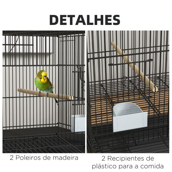 Gaiola para Pássaros 77x46x45 cm Gaiola de Metal para Pássaros com Bandeja Amovível 2 Poleiros e 2 Comedouros Preto