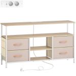 Móvel de TV com Luz LED Tomadas Portas USB 4 Gavetas de Tecido para Televisão até 50 Polegadas 120x30x67,5 cm Bege e Madeira