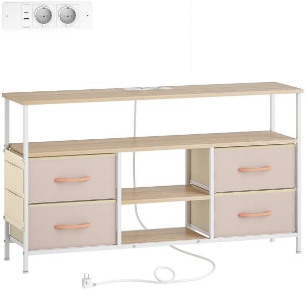 Móvel de TV com Luz LED Tomadas Portas USB 4 Gavetas de Tecido para Televisão até 50 Polegadas 120x30x67,5 cm Bege e Madeira