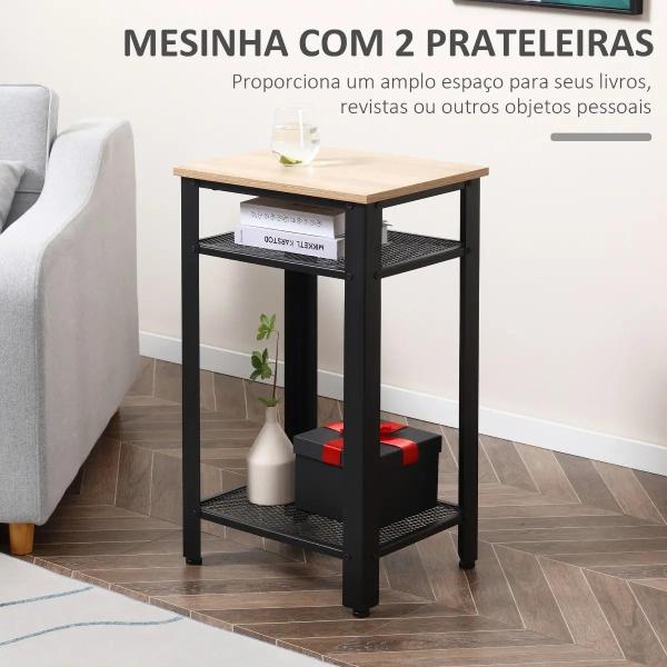 Mesa de Apoio Estilo Industrial com 2 Prateleiras de Grade de Metal e Pés Ajustáveis 45x35x75cm Carvalho e Branco