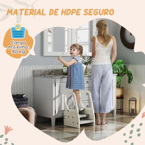Banco Infantil Ajustável de 2 a 3 Degraus Torre de Aprendizagem Escada para Crianças de 2 - 5 Anos 43x42x65,5 cm Cinza