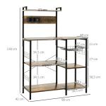 Estante de Cozinha com Ficha 2 Carregadores Prateleira Ajustável USB 5 Gancho em S e Cesta Amovível 90x42x130 cm Marrom Rústico