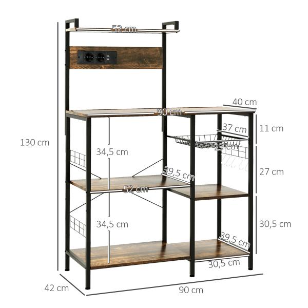 Estante de Cozinha com Ficha 2 Carregadores Prateleira Ajustável USB 5 Gancho em S e Cesta Amovível 90x42x130 cm Marrom Rústico