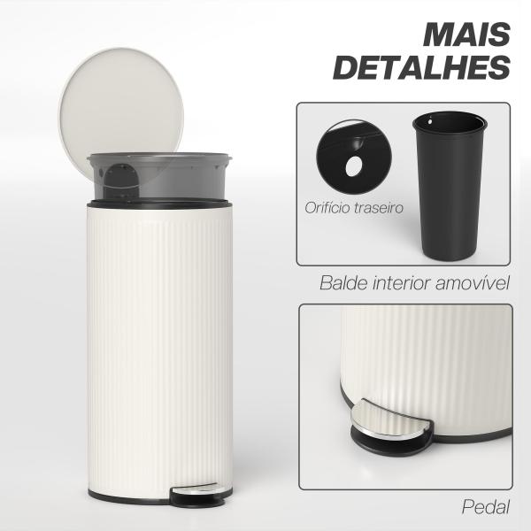 Balde do Lixo para Cozinha com Pedal 30L Cubo de Lixo Metálico com Tampa de Fecho Suave e Balde Removível 36x30x60,5 cm Creme
