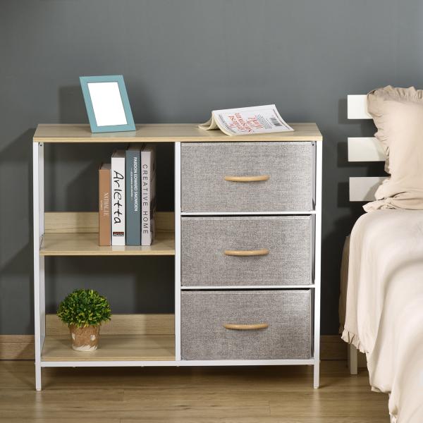 Cómoda de Estilo Industrial com Gavetas de Tecido Dobráveis e 2 Prateleiras 80x29x71 cm Madeira e Cinza Claro