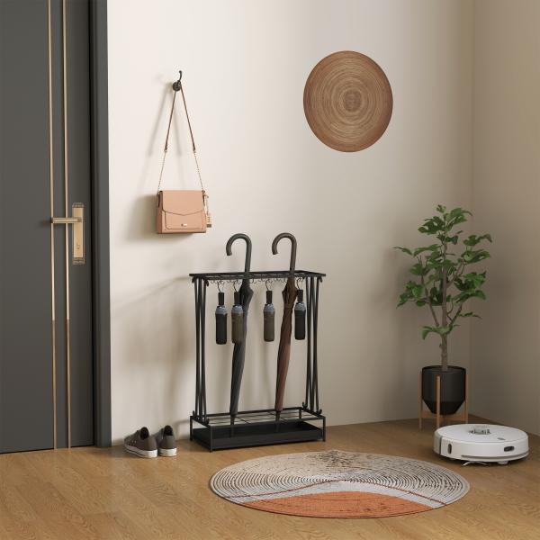 Suporte para Guarda - Chuva Moderno Retangular com 24 Ganchos 21 Espaços e Bandeja Recolhedora de Gotas 50x24x68 cm Preto