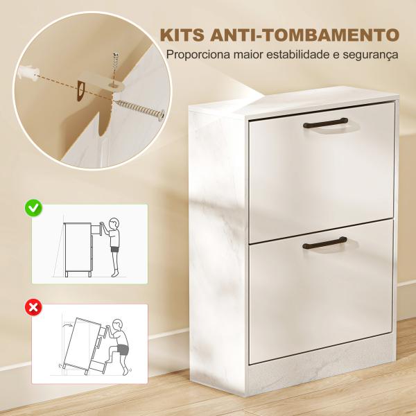 Sapateira Estreita 2 Portas de Alto Brilho com Prateleiras Ajustáveis Design Mármore para 8 Pares de Sapatos 60x24x80 cm Branco