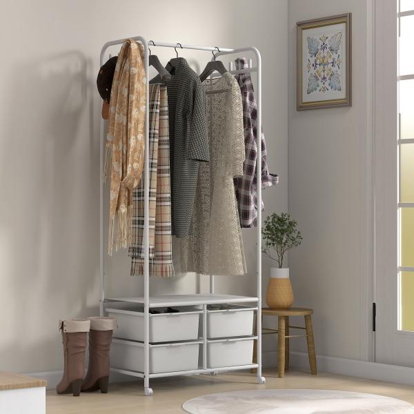 Charriot Moderno 8 Ganchos e 4 Cestos para Armazenamento Charriot com Rodas e Estrutura de Aço 63x37x153 cm Branco