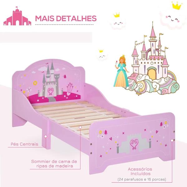 Cama Infantil Meninas c/ Barreira de Proteção 143x73 cm Carga Máx. 50kg para Crianças acima de 3 Anos Rosa