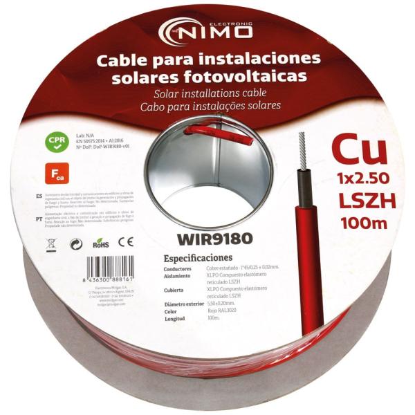 Bobine Cabo p/ Sistemas Fotovoltaicos em Cobre 1x 2,5mm² Vermelho (100 mts) - NIMO