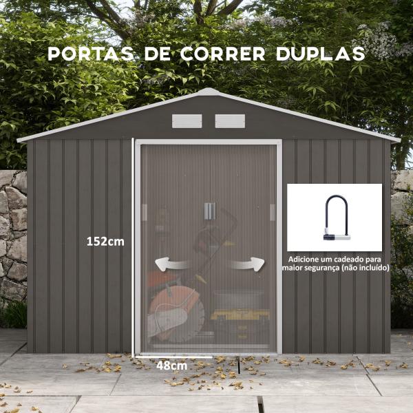 Abrigo de Jardim Exterior 4,83m² 277x195x192cm Abrigo e Jardim Metálico para Armazenamento de Ferramentas com Base Incluída e 4 Janelas Cinza