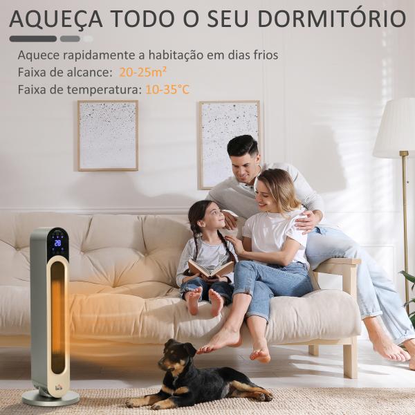 Aquecedor Cerâmico de Torre 1100/2200W com Controlo Remoto Ecrã LED Temporizador de 12h Termostato 3 Modos Ø25x73,5 cm Prata