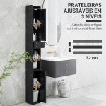 Coluna Casa de Banho com Compartimento Aberto Prateleiras Ajustáveis e Suporte para Papel Higiênico 20x20x185 cm Preto