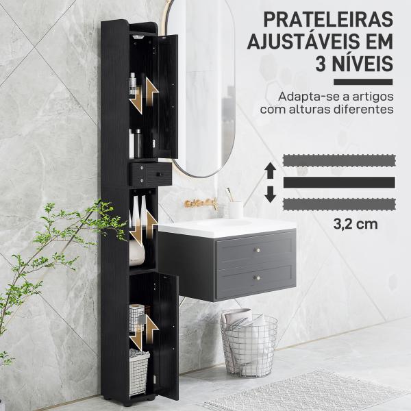 Coluna Casa de Banho com Compartimento Aberto Prateleiras Ajustáveis e Suporte para Papel Higiênico 20x20x185 cm Preto