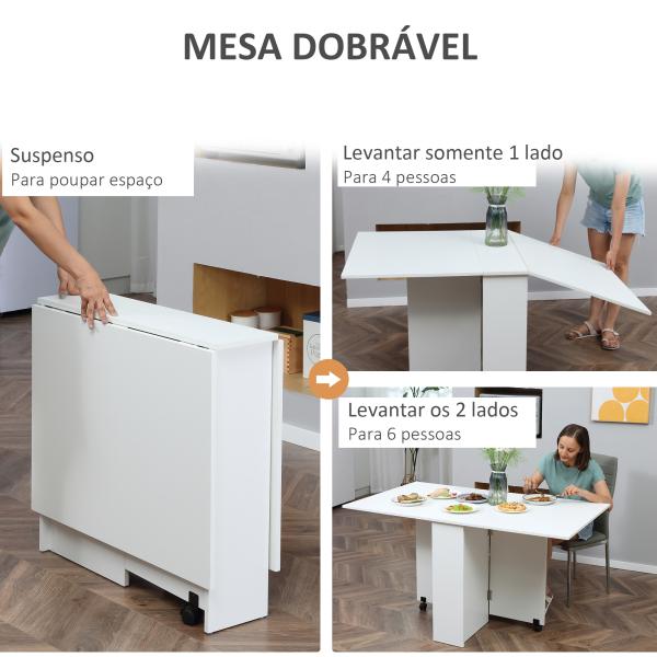 Mesa de Sala de Jantar Dobrável Mesa de Madeira com 2 Prateleiras de Armazenamento e Rodas para Cozinha 75x140x74 cm Branco