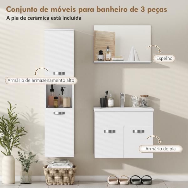 Conjunto de Móveis de Casa de Banho Suspenso de 4 Peças com Espelho, Armário com Lavatório em Cerâmica e Coluna, Branco