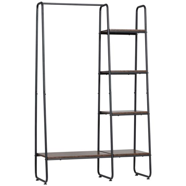Suporte para Cabides com 4 Prateleiras de Armazenamento e Barra de Pendurar Estilo Industrial 101x39x160cm Marrom e Preto