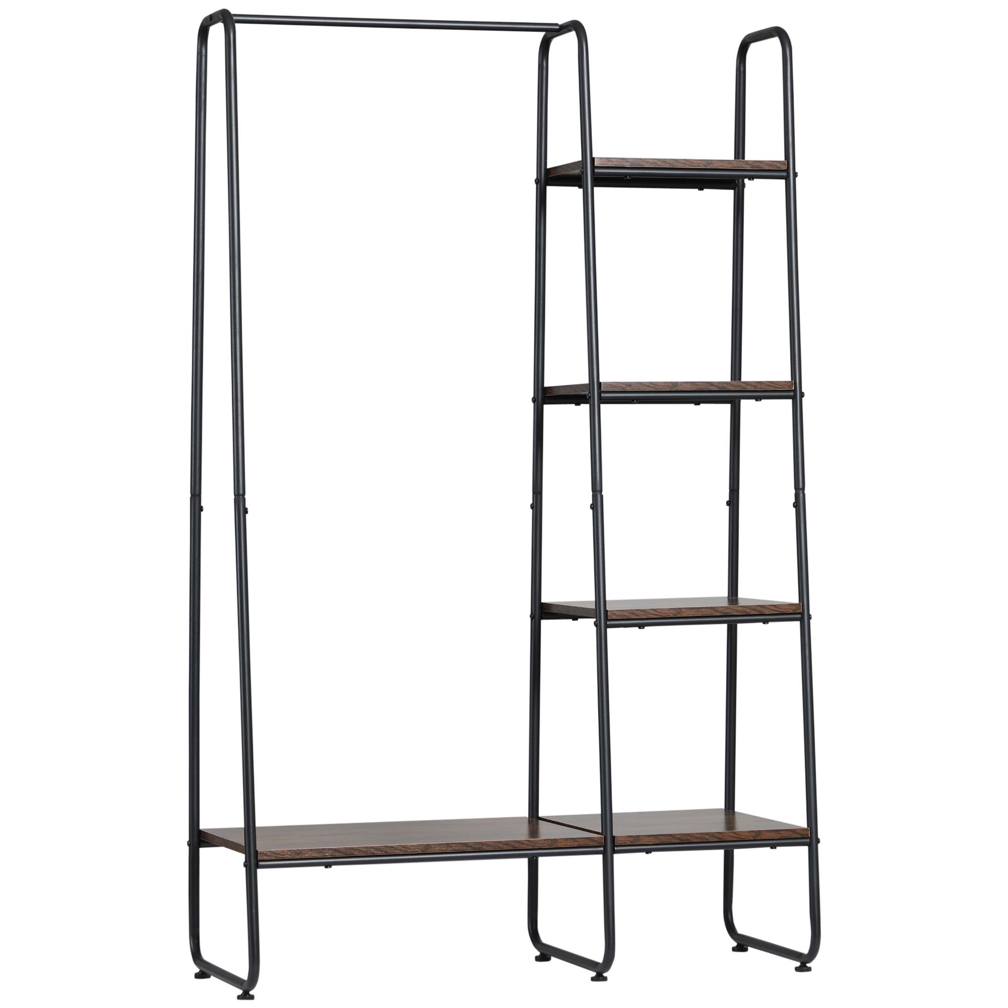 Suporte para Cabides com 4 Prateleiras de Armazenamento e Barra de Pendurar Estilo Industrial 101x39x160cm Marrom e Preto