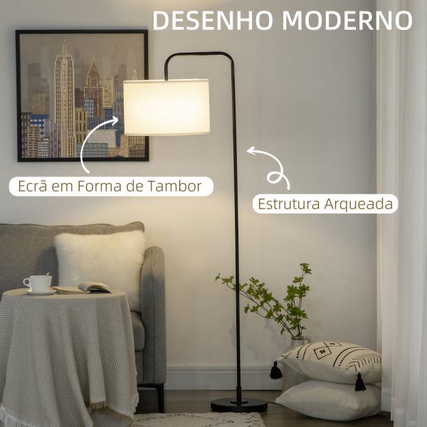 Candeeiro de Pé Moderno Lâmpada E27 Máx. 40W com Ecrã de Linho e Interruptor de Pé 64x38x163,5cm Branco e Preto