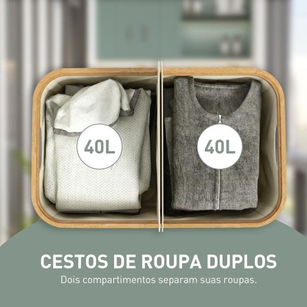 Cesto para Roupa Suja Dobrável com Tampa 80 L em Tecido Não Tecido, 2 Compartimentos, Asas, 54x34x58,5 cm, Bege