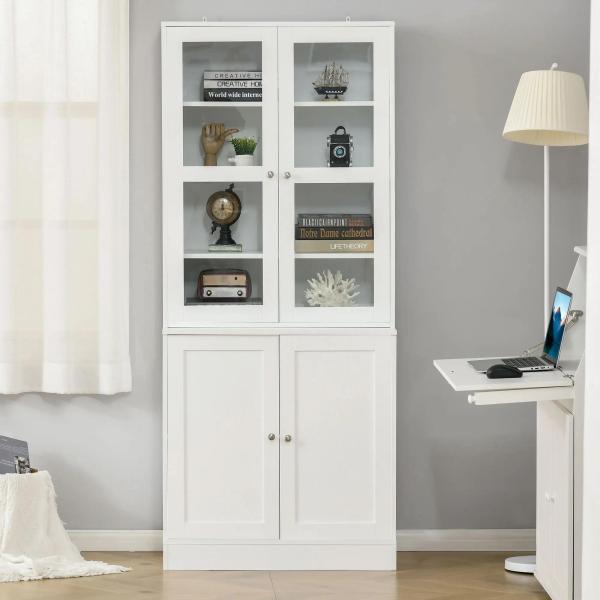 Vitrine para Sala de Estar Estante de Livros com 4 Portas e Prateleiras Superiores com Altura Ajustável Estilo Moderno Multiúso para Cozinha Escritório Dormitório 76x40x178,5 Branco